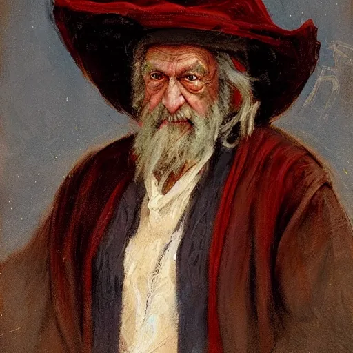 Image similar to Solomon Joseph Solomon and Richard Schmid and Jeremy Lipking victorian genre painting portrait painting of a old rugged actor wizard wearing a wizard hat and robe from the hobbit , red background