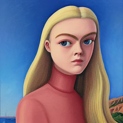 Image similar to professional painting of Elle Fanning in Santorini in the style of George Tooker, head and shoulders portrait, symmetrical facial features, smooth, sharp focus, illustration, intricate, stormy weather, extremely detailed masterpiece,