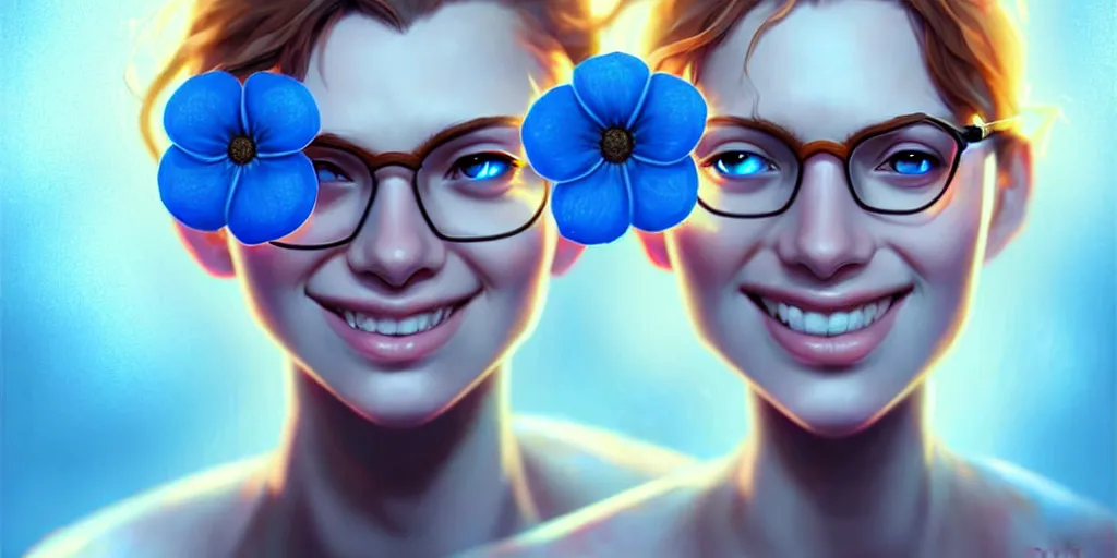 Image similar to epic professional digital art of a smiling bread toast wearing 👓 and a blue flower, best on artstation, cgsociety, wlop, cosmic, epic, stunning, gorgeous, much detail, much wow, masterpiece, backlight