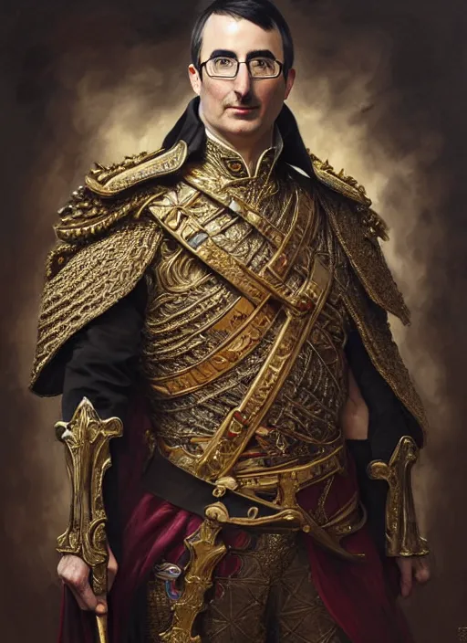 Image similar to portrait of lord john oliver as stoic king, royalty, extravagant, lord, full body, military uniform, fantasy, intricate, elegant, beautiful, highly detailed, charcoal, centered, dark, smokey, digital painting, artstation, concept art, art by artgerm and greg rutkowski and alphonse mucha