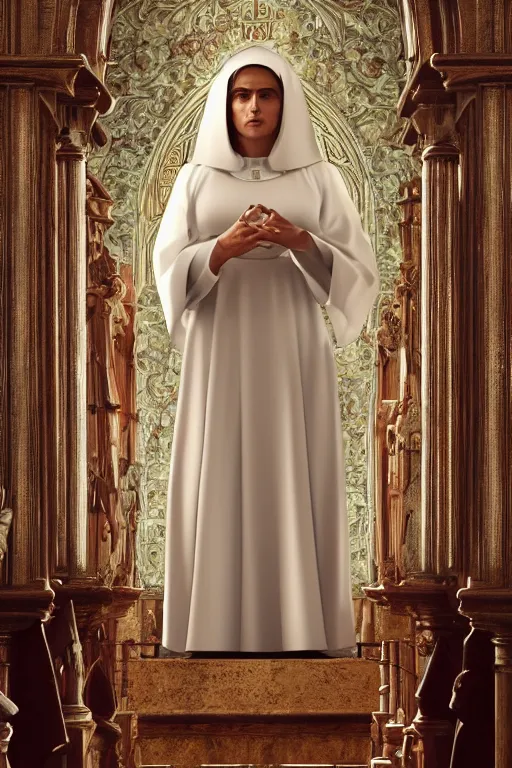 Prompt: salma hayek dressed as a nun, big slightly open bust, church interior, highly detailed, wide shot, intricate, cute, mystical, sharp focus, Trending on Artstation HQ, deviantart, unreal engine 5, 4K UHD image