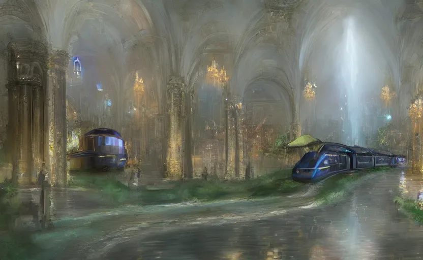 Image similar to An urban train rides inside of a waterway on a fantasy city, next to a fountain and a mystical palace. By Konstantin Razumov, Fractal flame, chiaroscuro, highly detailded