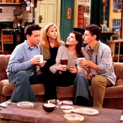 Prompt: still image from friends season 3 coffee shop green couch small cosy new york hd realistic