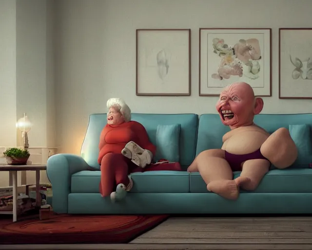 Image similar to of a very beautiful scene. ambient occlusion render. a sweet fat old woman is flying above the sofa. hyper realistic. 4 k. wide angle. wild. symmetrical face, red mouth, blue eyes. deep focus, lovely scene. ambient occlusion render. concept art. unreal engine.