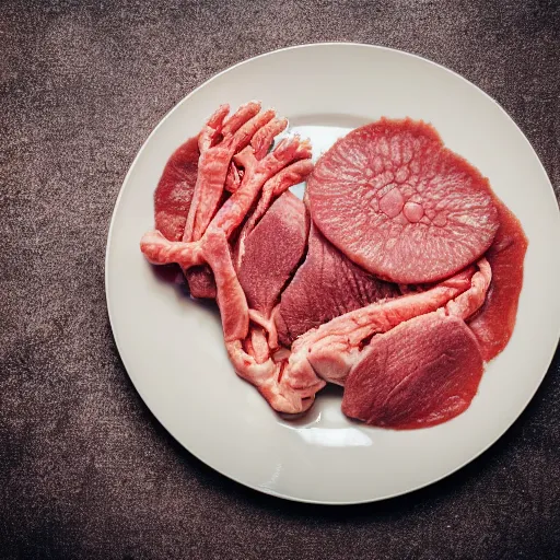 Image similar to A plate of human flesh, body parts, food photography, restaurant