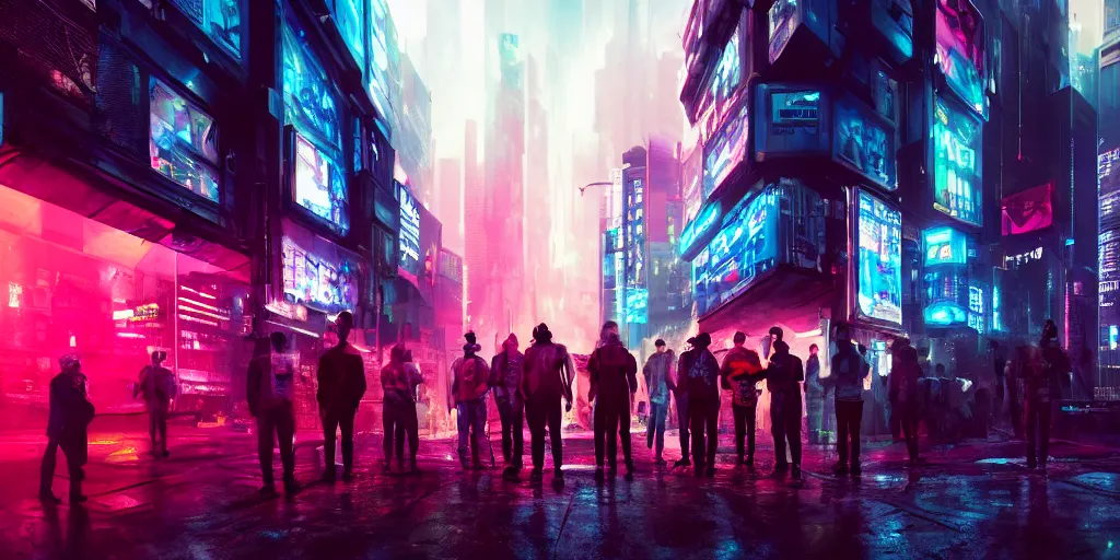 Image similar to a group of people standing outside of a building, cyberpunk art by liam wong, cgsociety, retrofuturism, glowing neon, neon, matte painting