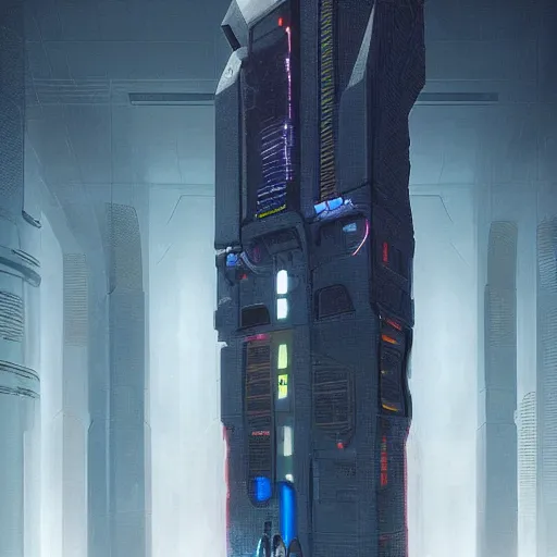 Image similar to professional painting of monumental conscious supercomputer with huge - cybernetic - face!!!! in the center of endless colossal room talking with small people, trending on artstation, cyberpunk, sci - fi, futuristic, by greg rutkowski and maciej kuciara, high quality