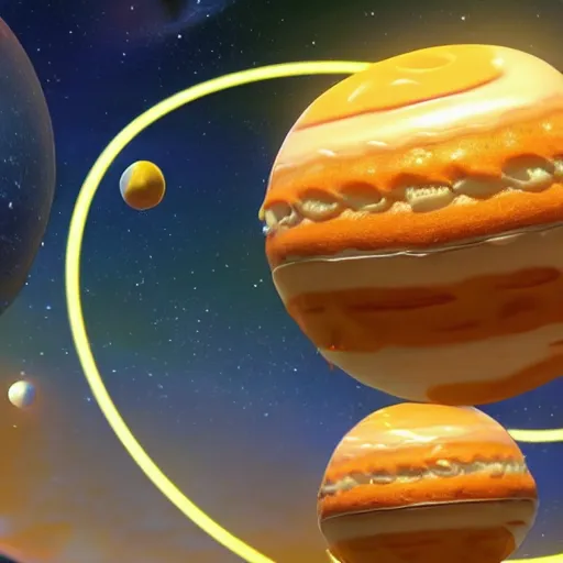 Image similar to the planets in our solar system, if they were donuts from the simpsons, unreal engine 5, high detail