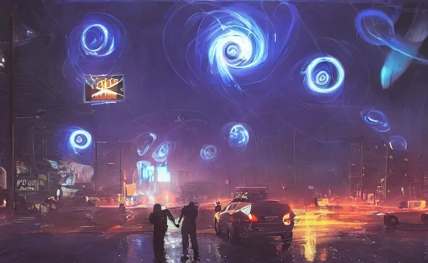 Image similar to people with posters attacking cops, a huge blue spiral - shaped white luminous attractor is floating on the horizon near the sun, stores in los angeles with light screens all over the street, concept art, art for the game, professional lighting, dark night lighting from streetlights, by ilya repin