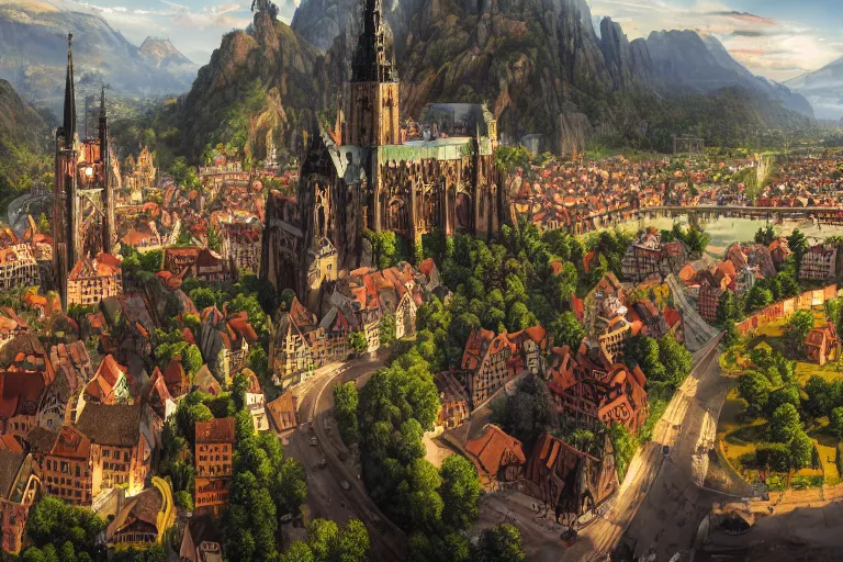 Prompt: an ultra detailed matte landscape painting of an german renaissance capital city built into the side of a mountain with many tall spirally towers, sweeping vista, german renaissance architecture, ultrawide lens, aerial photography, 8 k, volumetric lighting, smooth, highly detailed, digital illustration, art by greg rutkowski and akira toriyama and artgerm