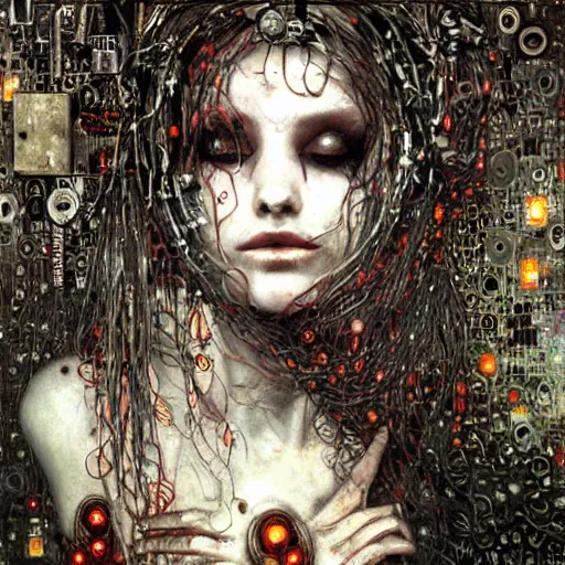 Image similar to cybernetic vampire sleeping in circuits, intricate detail, klimt, royo, whealan,