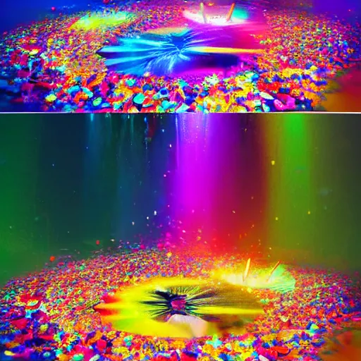 Image similar to waterfall of broken mirror pieces and tiny colorful flower petals, bright saturated colors, scintillating lens flares and colorful sparks, trending on ArtStation, beautiful!!! stunning!!!, hyper realistic masterpiece