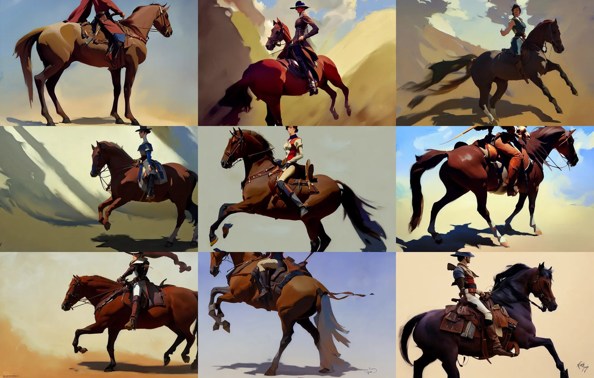 Image similar to cloth fabric riding horse jodhpurs side view greg manchess painting by sargent and leyendecker, studio ghibli, fantasy, medium shot, asymmetrical, intricate, elegant, matte painting, illustration, hearthstone, by greg rutkowski, by greg tocchini, by james gilleard, by joe fenton