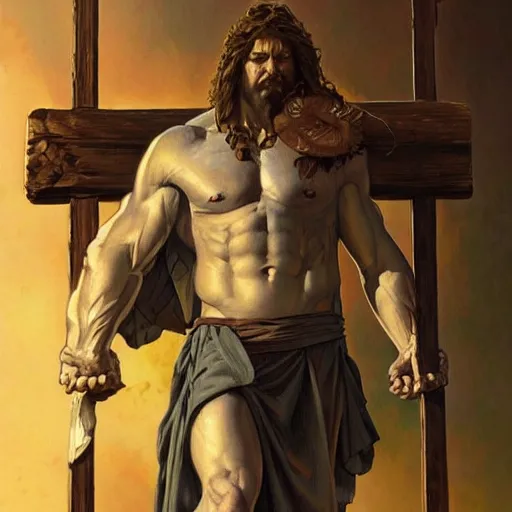 Prompt: hulking herculean ogre jesus christ crucified on the cross, masterpiece, intricate, elegant, highly detailed, digital painting, artstation, concept art, smooth, sharp focus, illustration, art by artgerm and greg rutkowski and alphonse mucha and uang guangjian and gil elvgren and sachin teng, symmetry!!