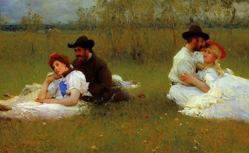 Image similar to high quality high detail painting by ilya repin, a couple in the field, hd