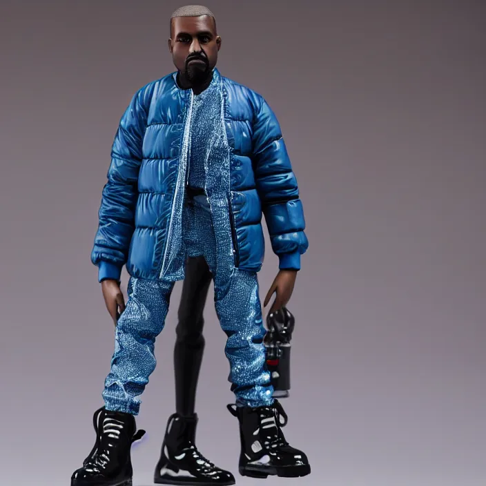 Prompt: a goodsmile figure of kanye west using full face - covering mask with small holes. a small, tight, undersized reflective bright blue round puffer jacket made of nylon. a shirt underneath. black jeans pants made of nylon. a pair of big rubber boots, figurine, detailed product photo, professional photo, full body and face, studio lighting, studio photo