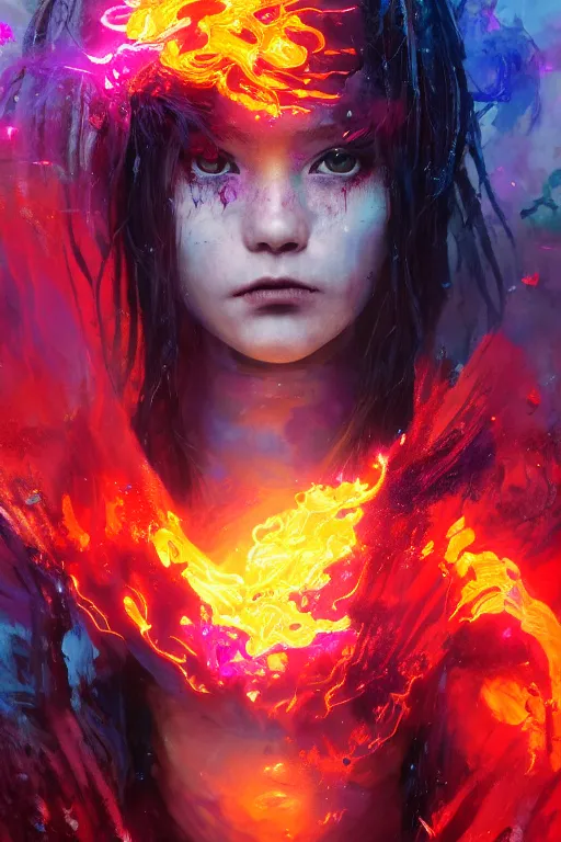 Image similar to a fancy portrait of a young Demon girl covered in deep and colourful flames by Greg Rutkowski, Sung Choi, Mitchell Mohrhauser, Maciej Kuciara, Johnson Ting, Maxim Verehin, Peter Konig, Bloodborne , 8k photorealistic, cinematic lighting, HD, high details, atmospheric , trending on artstation