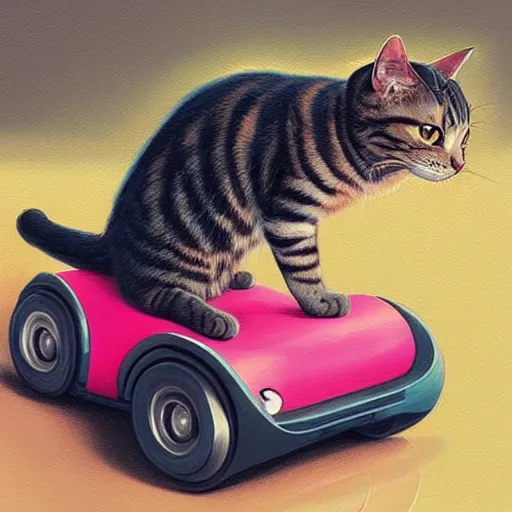 Prompt: a cat driving a hover board, art by Mandy Jurgens, detailed, high quality, professional, expensive