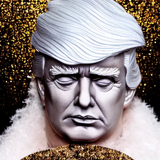 Image similar to Donald Trump with silver-violet hair, white eyes and golden glittery dress, wide lens, diorama, 4k,