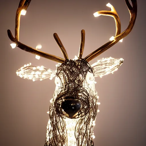 Image similar to Hyperrealistic rendering of a tall fantasy Reindeer sculpture made of wire and Christmas lights, 4k, sigma 35mm