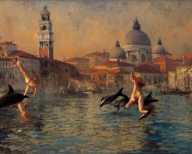 Image similar to dolphins swimming and jumping in venice, painting by gaston bussiere, craig mullins, j. c. leyendecker