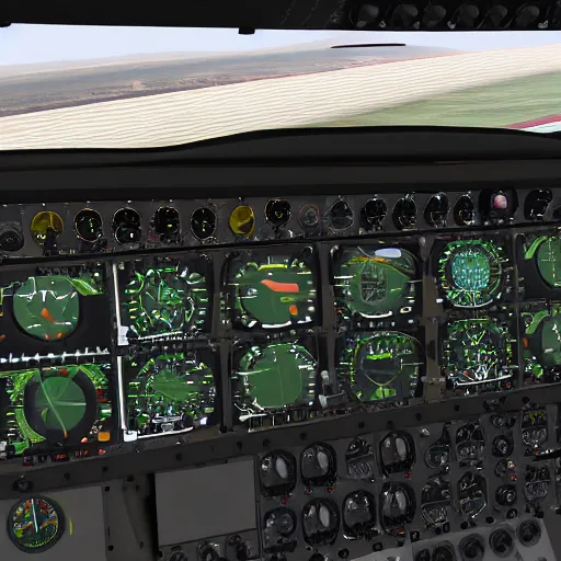 Prompt: boeing 7 0 7 cockpit panel, flight simulator x