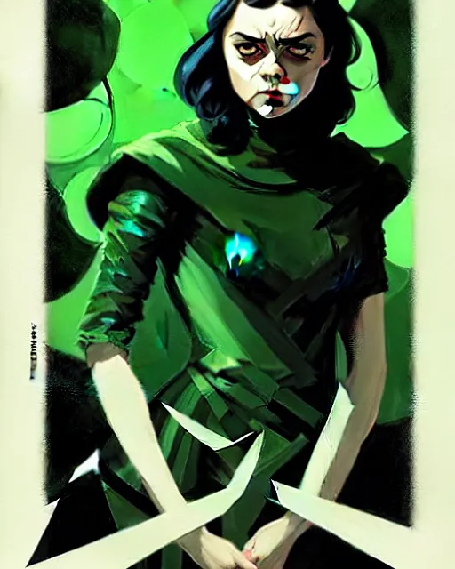 Image similar to rafael albuquerque comic art, peter mohrbacher, phil noto, artgerm, pretty evil maisie williams witch, black and green dress, symmetrical eyes