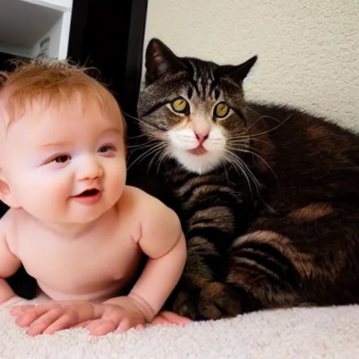 Prompt: a baby sitting on a giant cat