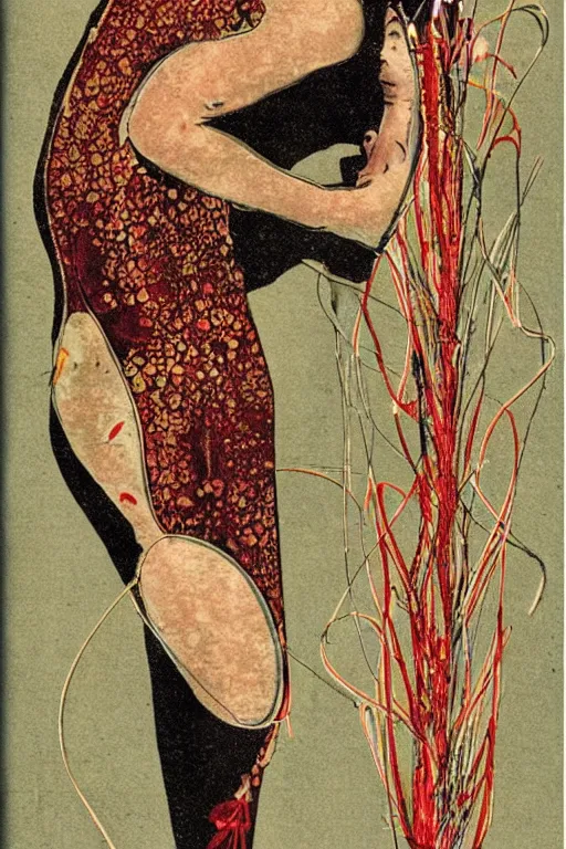 Prompt: anatomical illustration of fireworks, 1920s art deco, by Telemaco Signorini, vintage postcard, Hari-e collage by Masayasu Uchida