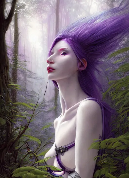 Prompt: hyper realistic pale woman with purple hair in sci - fi cybernetic armor, sylvanas windrunner in the woods in a river gorgeous lighting, lush forest foliage blue sky a hyper realistic ink drawing by chiara bautista and beksinski and norman rockwell and greg rutkowski, tom bagshaw weta studio, and lucasfilm