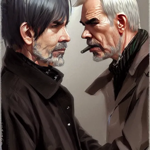Image similar to billy bob thornton is lorne malvo is a cyborg, he has an eye implant and a metal jaw, drawn by krenz cushart