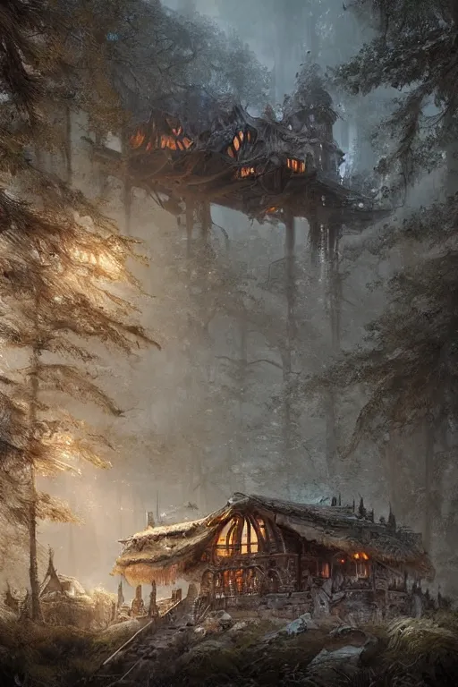 Prompt: a ramshackle multistory hut in the woods, well armored, intricate, elegant, fantasy, highly detailed, digital painting, concept art, sharp focus, illustration, beautiful volumetric lighting, artstation, art by artgerm and greg rutkowski