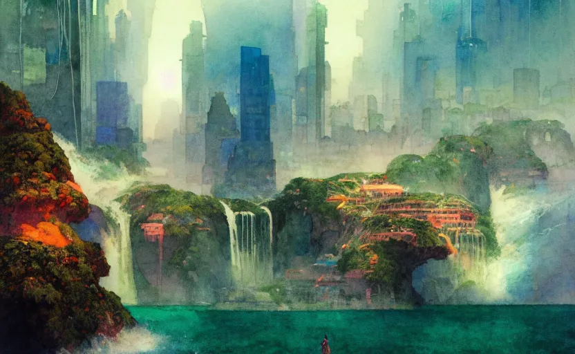 Image similar to a beautiful photo of a metropolis built on a island floating above the sea in the sky, waterfalls fall from the island into the sea, colorful watercolor, by ruan jia, by maxfield parrish, by marc simonetti, by hikari shimoda, by robert hubert, by zhang kechun, illustration, gloomy, volumetric lighting