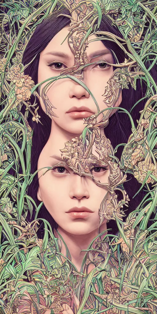 Image similar to a sculpture of mythical creatures by syd mead and audrey kawasaki, elegant and unusually large beautiful female face emerging from the jungle, intricate, elegant, highly detailed, digital painting by audrey kawasaki, artstation, concept art, ambient occlusion, vray render,