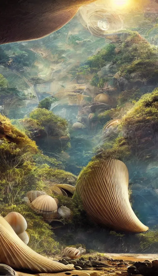 Prompt: beautiful portrait of bamboo living pods shaped like a sea shell built on the side of a cliff, the time machine, spaceship by john berkey, panoramic view, ssci - fi, futuristic valley, rendered in octane, zbrush, rendered in cinema 4 d, art by artgerm, artwork by alex grey and brian froud and esao andrews and david hardy