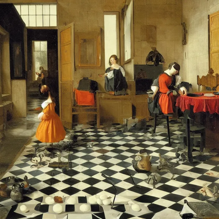 Prompt: colored painting, pieter de hooch, trending on artstation, highly detailed, black and white checkerboard floor in the middle of the rainforest, intricate, elegant