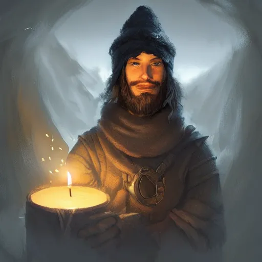 Image similar to a male adventurer wearing a black night cap with a puffball, holding a candle, portrait, d & d, science fiction, concept art, matte, sharp focus, illustration, concept art, jason chan, dan luvisi, karl thiart, uhd, 4 k, very detailed