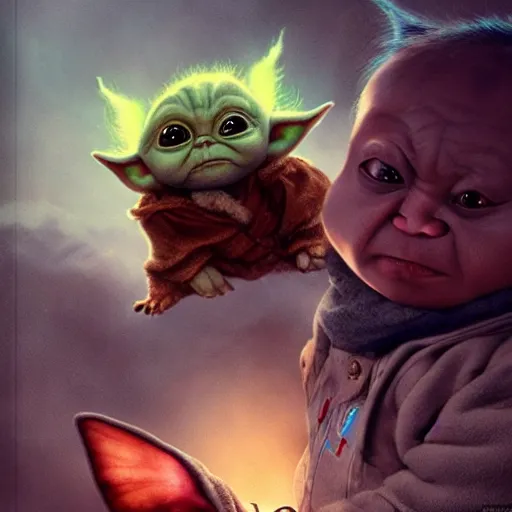 Image similar to gizmo mogwai and baby yoda are best friends, cinematic composition, epic dramatic lighting, realistic, hyperdetailed, photorealistic, photograph, epic scale by gaston bussiere