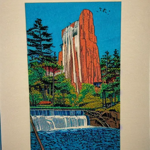 Image similar to master color woodblock print, fallingwater