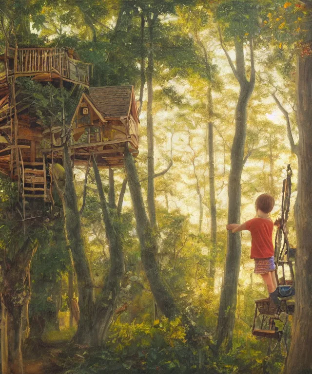 Image similar to masterful oil on canvas painting, eye - level view, shot from 5 0 feet distance, of a kid playing in a treehouse. in the background is a whimsical forest. golden hour, detailed, depth, volume, chiaroscuro, quiet intensity, vivid color palette.