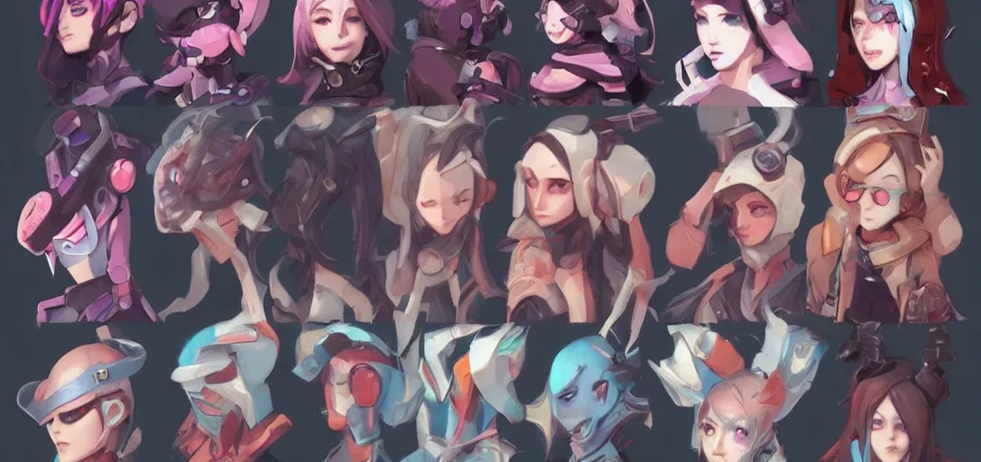 Prompt: concept art of egirl female video game characters head designs, wild, pastels, disgaea, flcl, overwatch, by marc brunet and artgerm