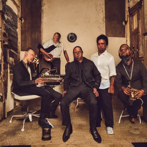 Prompt: photo of a great soul music band with five white musicians, realistic pictures, intricate details, portrait, vogue, sharp focus, pullitzer, award winning photograph of the year, canon eos 5 d mark iv,