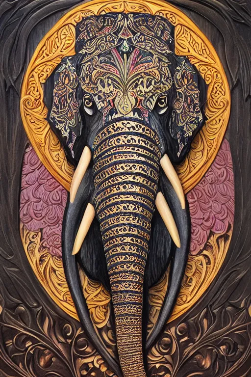 Prompt: Painted dark-wood panel relief carving of a close up of a Flowerpunk Matriarch Elephant, ornate border frame, explosion of colorful flowers, dark wood, intricately carved, black ink, festival of rich colors, intricate details, cinematic lighting, volumetric lighting, post-processing, art nouveau, tarot, fractal art, mandala, by andreas rocha and john howe, and Martin Johnson Heade, featured on artstation, featured on behance, golden ratio, hyper detailed, photorealistic, epic composition, center spotlight, f32, well composed, symmetrical, UE5, 8k