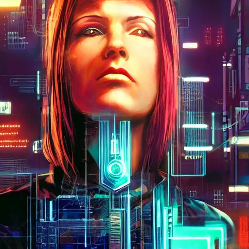 Prompt: Molly from the novel Neuromancer, beautiful woman, augmented eye implants, portrait shot, wires, cyberpunk, dramatic light, cyberpunk city in the background, movie illustration, poster art by Drew Struzan