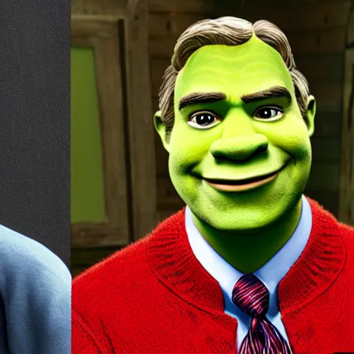 Image similar to shrek combined with both mr rogers and the rock