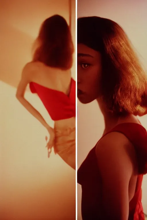 Image similar to film photography from 7 0 s, close - up portrait, young fashion model, red room, soft light, golden hour, in style of joel meyerowitz