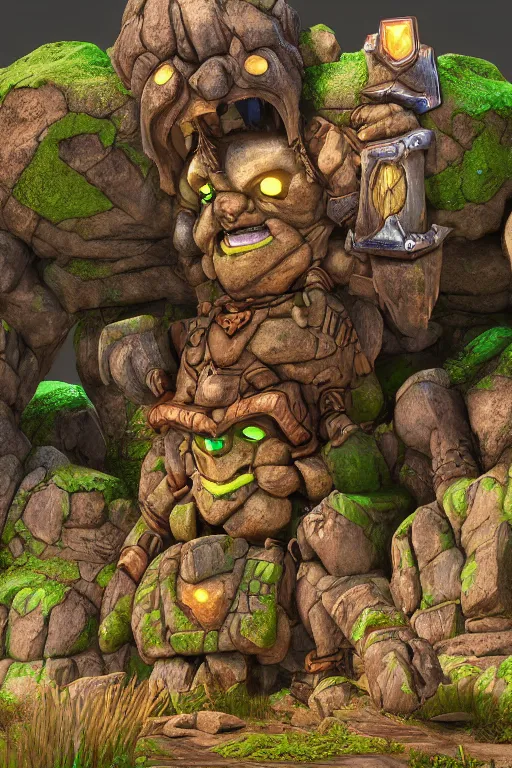 Image similar to zelda fantasy art giant golem troll wood rock greeble gemstone, global illumination ray tracing hdr fanart arstation by sung choi and eric pfeiffer and gabriel garza and casper konefal