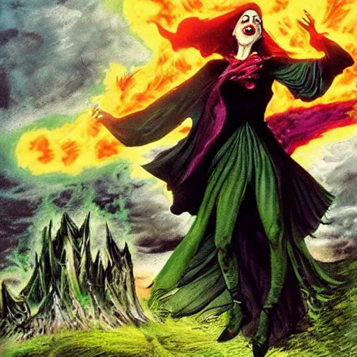 Image similar to epic fantasy painting of the wicked witch of the west summoning magical energy in order to shoot a huge fireball ; action pose, intense screaming expression, oz series, played by margaret hamilton, thatched worn rooftop background, art by adam hughes, in the style of adam hughes