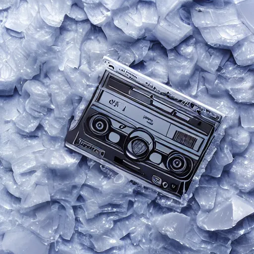 Prompt: a cassette tape sculpted in ice, realistic, ultra detailed, 4k, studio photo