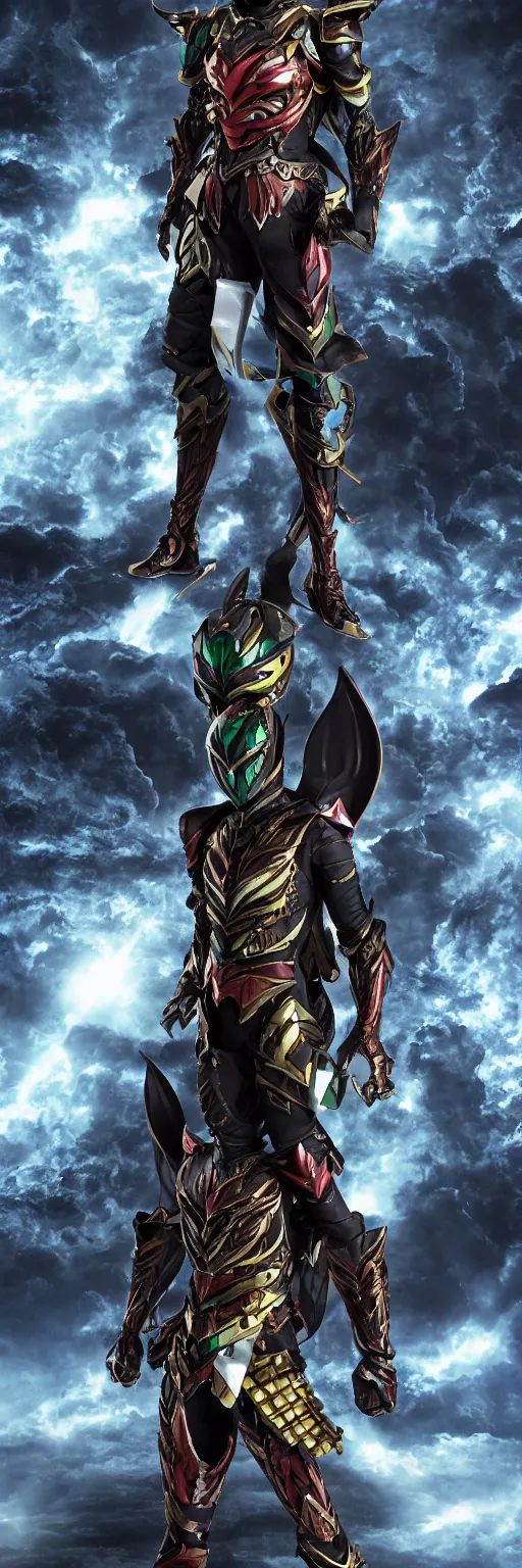 Prompt: High Fantasy Kamen Rider standing in a rock quarry, 4k, glowing eyes, daytime, rubber suit, dark blue segmented armor, dragon inspired armor, centered